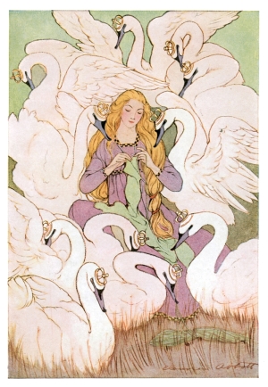 An illustration of the princess from Wild Swans, surrounded by her brothers in swan form